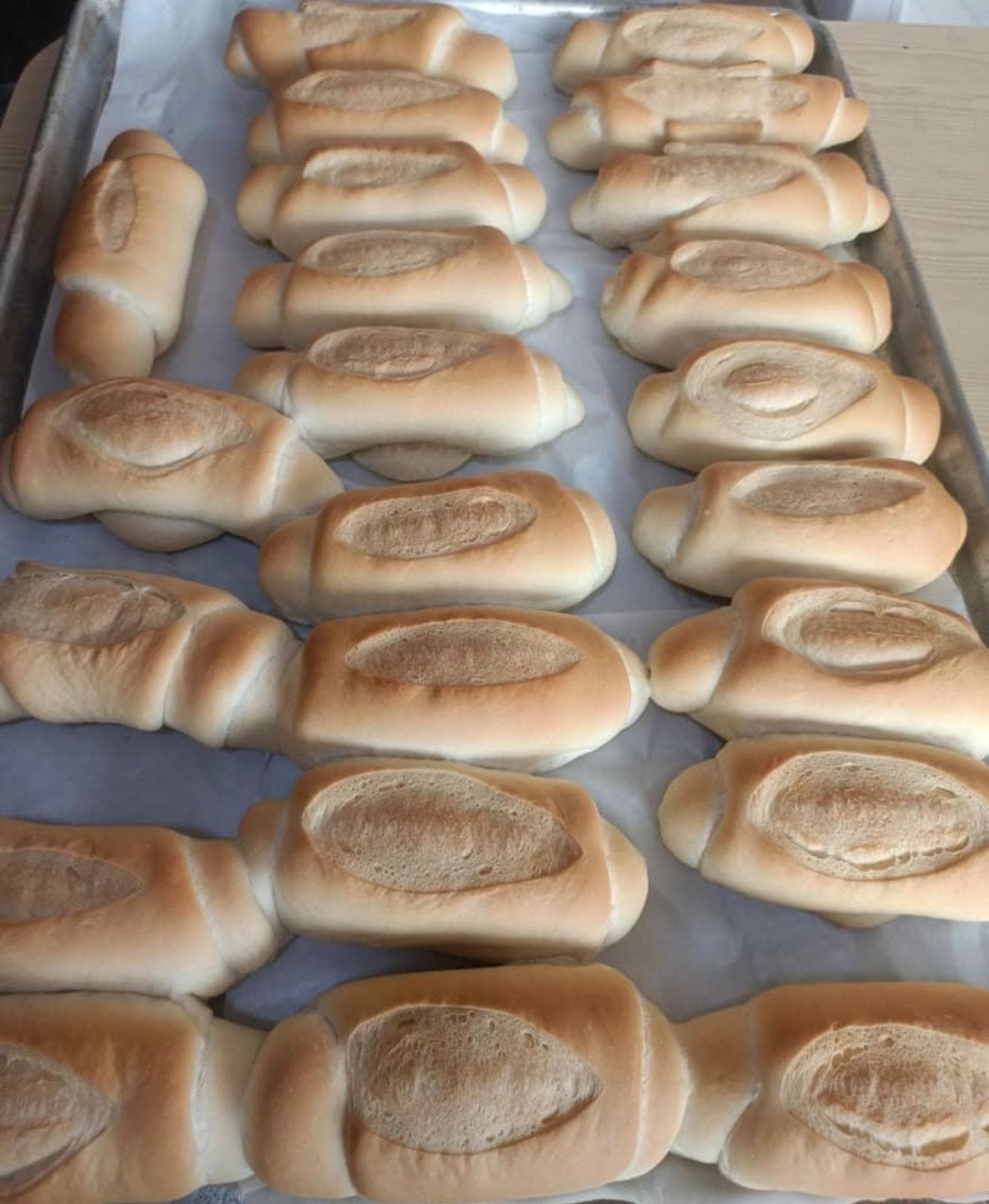 Tray of French bread straight from the oven