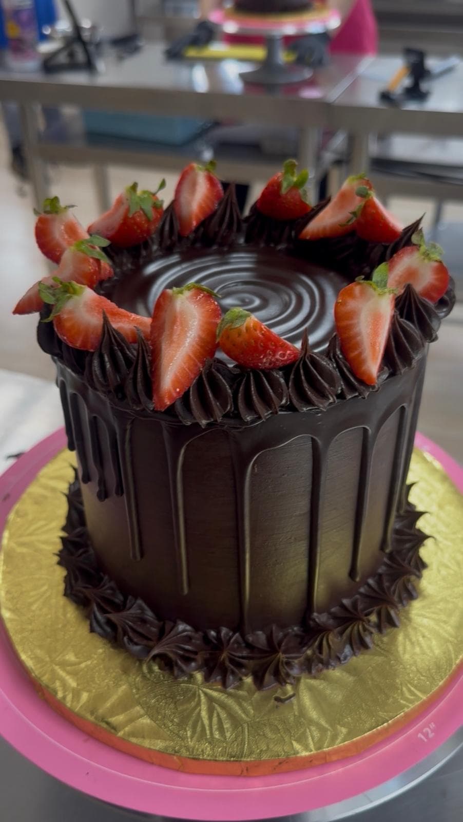 Chocolate cake with strawberries and ganache